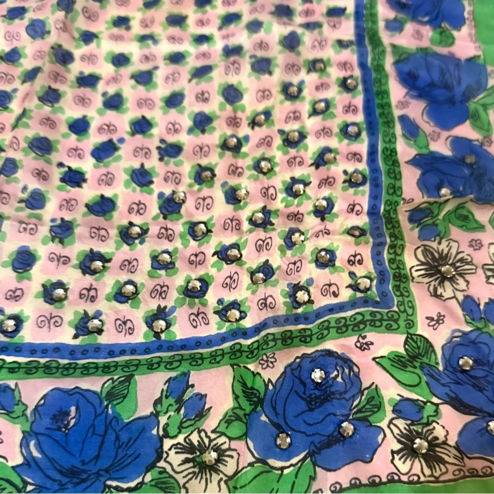 Vintage 1940’s/1950’s Hand Rolled Silk Floral Blue and Green Scarf w/Rhinestones